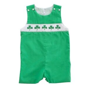 Smockingbird Shamrocks Green Smocked Knit Boys' Shortall, 12M, NWT